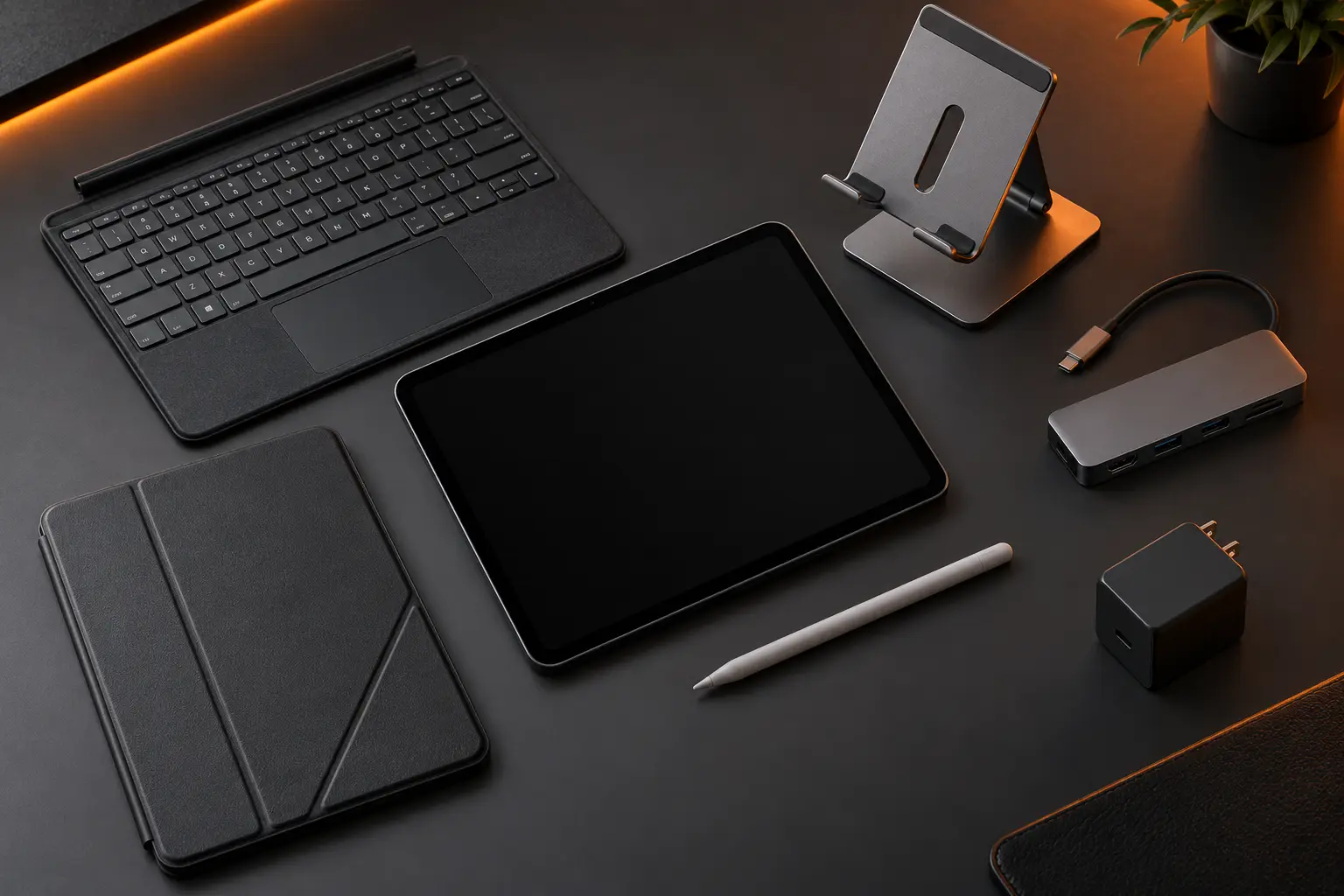 Tablet with keyboard and stylus workspace